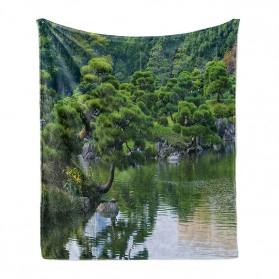 Japanese Soft Flannel Fleece Throw Blanket, River Landscape Trees Flowers Stones Silence in Natural Beauty Garden Theme, Cozy Plush for Indoor and Outdoor Use, 50" x 60", Green, by Ambesonne