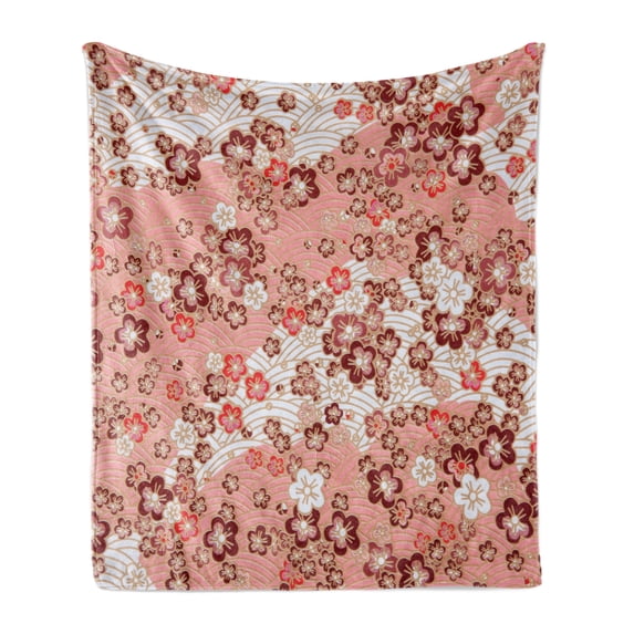 Japanese Soft Flannel Fleece Throw Blanket, Sakura Cherry Blossom Flowers Eastern Spring Flourishing Season, Cozy Plush for Indoor and Outdoor Use, 60" x 80", Coral Burgundy and White, by Ambesonne