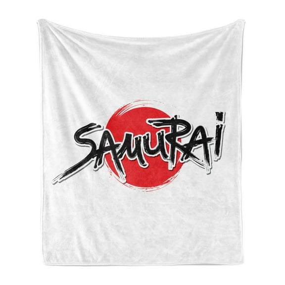 Japanese Soft Flannel Fleece Throw Blanket, Samurai Lettering over Sun Emperor Man Power Superior Force Theme, Cozy Plush for Indoor and Outdoor Use, 50" x 60", Red Black, by Ambesonne