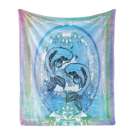 Japanese Soft Flannel Fleece Throw Blanket, Soul Mate Oriental Exotic Fishes on Gradient Round Framed Sea Illustration, Cozy Plush for Indoor and Outdoor Use, 70" x 90", Blue Lilac, by Ambesonne