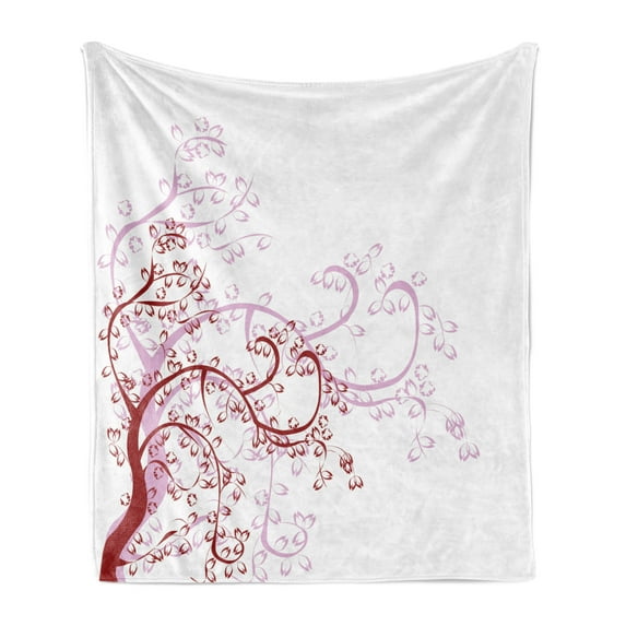 Japanese Soft Flannel Fleece Throw Blanket, Spiral Fashioned Swirling Genus Magnolia Foliage Enclosed Leaf Whorls Motif, Cozy Plush for Indoor and Outdoor Use, 50" x 70", Red White, by Ambesonne