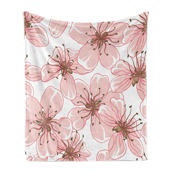 Japanese Soft Flannel Fleece Throw Blanket, Spring Blossoms Petals Flora in Pastel Tones Boho Sakura Design, Cozy Plush for Indoor and Outdoor Use, 50" x 60", Blush White and Dried Rose, by Ambesonne
