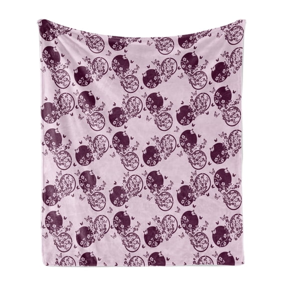 Japanese Soft Flannel Fleece Throw Blanket, Traditional Cherry Blossom Sakura Branches Butterflies on Large Polka Dots, Cozy Plush for Indoor and Outdoor Use, 50" x 70", Pale Pink Plum, by Ambesonne