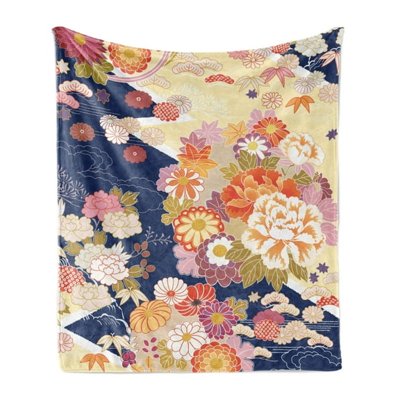 Japanese Soft Flannel Fleece Throw Blanket, Traditional Kimono Motifs Composition Floral Patterns Vintage Artwork, Cozy Plush for Indoor and Outdoor Use, 60" x 80", Multicolor, by Ambesonne