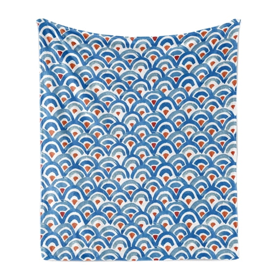 Japanese Soft Flannel Fleece Throw Blanket, Watercolor Style Fish Skin Scales Pattern with Brushstrokes, Cozy Plush for Indoor and Outdoor Use, 50" x 60", Slate Blue Rust and Ruby, by Ambesonne