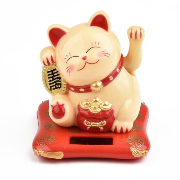 Japanese Solar Powered Waving Lucky Cat Decoration Eco Friendly Maneki Neko Figurine for Car Dashboard Home Office 7x6.5x7.5cm-yellow