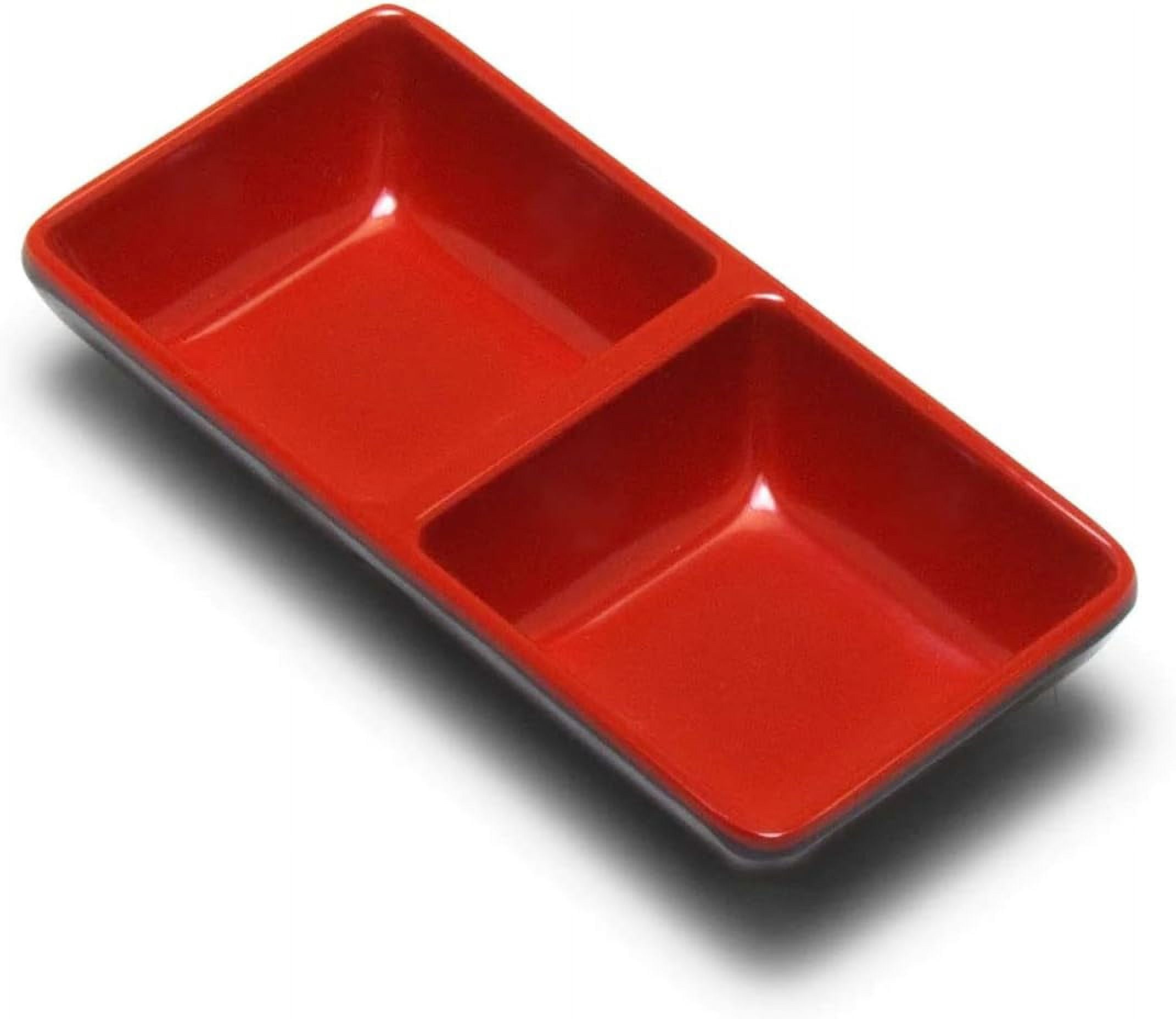 Japanese Soy Sauce Dishes Dipping Bowls, Red And Black Color, Two Compartments, 24 Pack