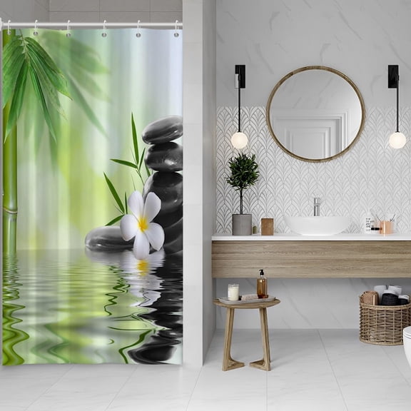 Japanese Spa Themed Fabric Shower Curtains Bamboo Stone Streaming Polyester Bathtub Curtain Japan Holiday Stall Size Shower Curtain for Kids Bathroom Decor Waterproof with Hooks,36x72 Inch
