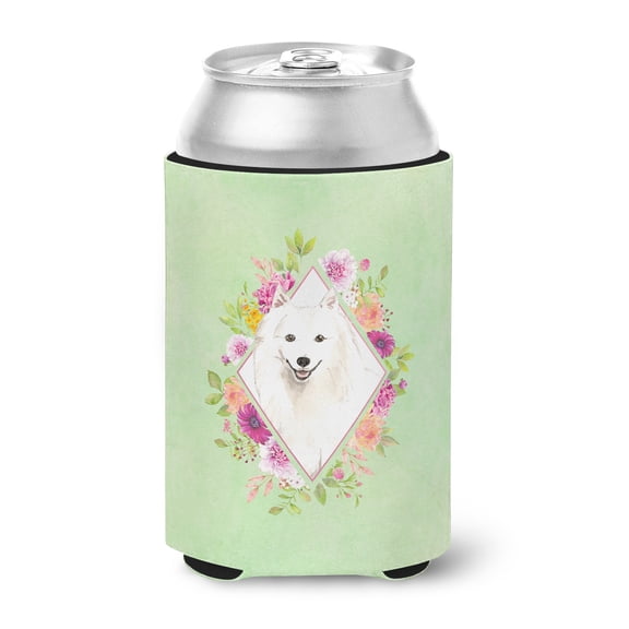 Japanese Spitz Green Flowers Can or Bottle Hugger