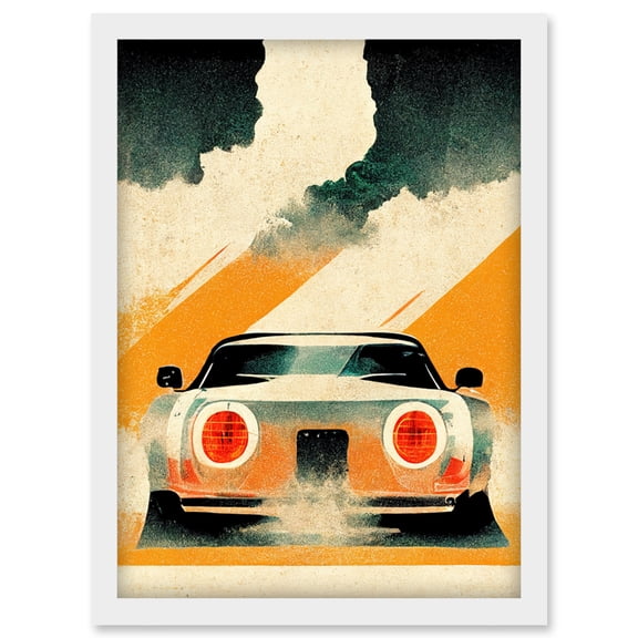 Japanese Sports Car Vintage Vector Yellow Silver Black Artwork Framed Wall Art Print A4
