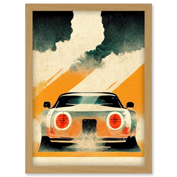 Japanese Sports Car Vintage Vector Yellow Silver Black Artwork Framed Wall Art Print A4