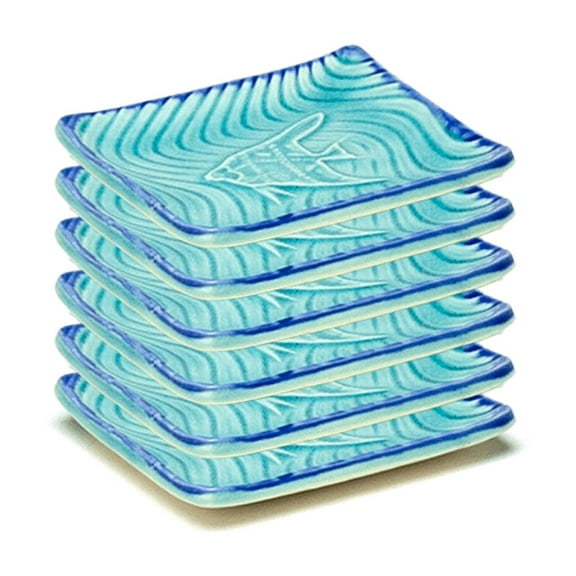 Japanese Square Ceramic Plate - Sky Blue Freshwater Angelfish Pattern - 4.75" SQ - Set of 6