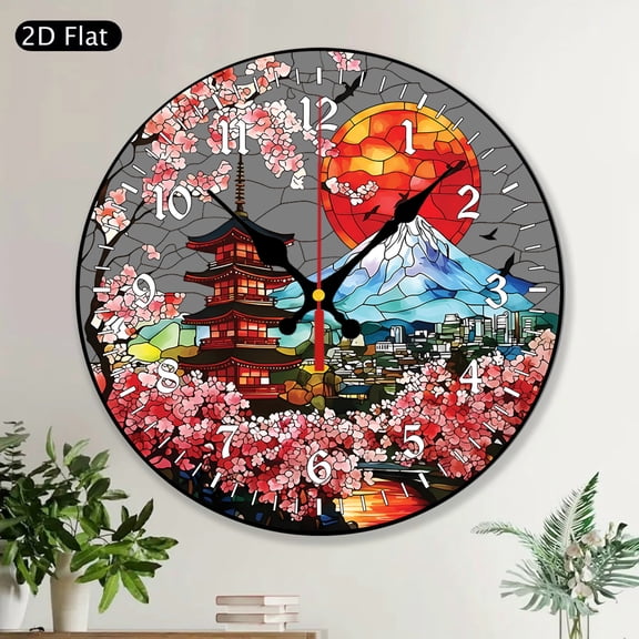 Japanese Stained Glass Look Round Wall Clock MDF Wood Mount Fuji Cherry Blossoms Pagoda Oriental Asian Home Decor Living Room Bedroom Office Art Gift