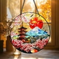 thumbnail image 1 of Japanese Stained Glass Suncatcher with Mount Fuji, Cherry Blossoms and Pagoda Ã¢â‚¬â€œ Round Hanging Window Panel, Oriental home Decor Gift, 1 of 5