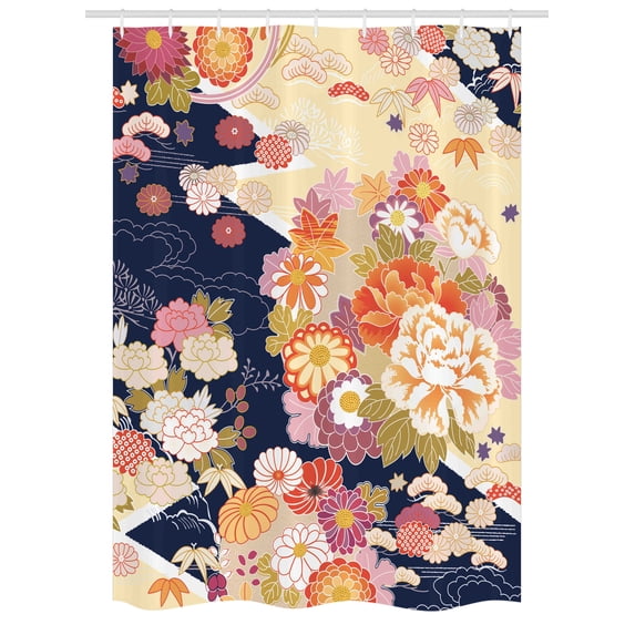 Japanese Stall Shower Curtain, Traditional Kimono Motifs Composition Asian Ethnic Floral Patterns Vintage Artwork, Fabric Bathroom Set with Hooks, 54W X 78L Inches, Multicolor, by Ambesonne