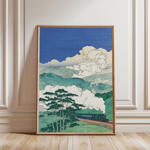Japanese Steam Train Blue Mountain Landscape Railway Illustration Unframed Paper Print