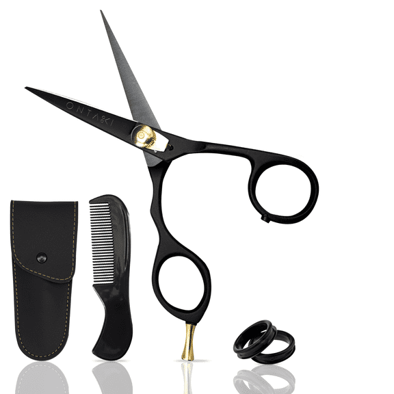 Ontaki Beard & Mustache Scissors 5.5 inch Japanese Steel Left Hand Grooming Kit with Comb & Pouch