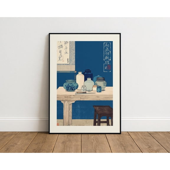 Japanese Still Life Pottery Print Blue Ceramic Table Wall Art