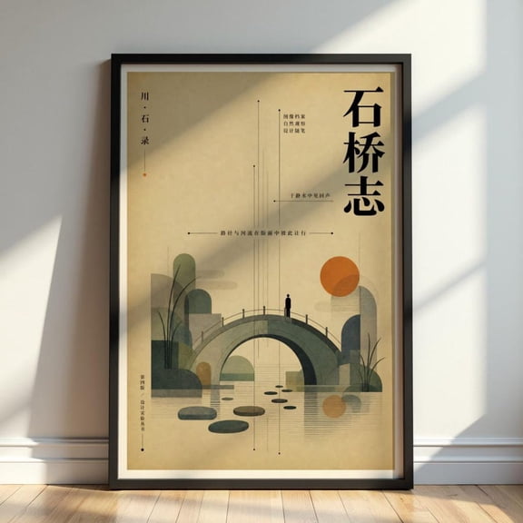 Japanese Stone Bridge Wall Art Minimalist Japandi Landscape Zen Asian Architecture Decor, Unframed Paper Print
