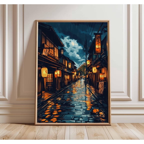 Japanese Street Art Rainy Night Kyoto Asian Lantern Alleyway Artwork, Unframed Canvas 8x10in
