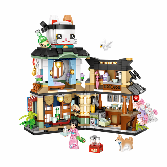 Japanese Street View Izakaya Shop Mini Building Blocks Model Set, MOC Creative Japanese Toys, 809 Pcs Simulation Architecture Plastic Building Block Kit for Home Office Decor