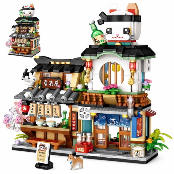 Japanese Street View Izakaya Shop Mini Building Blocks Model Set, MOC Creative Japanese Toys, 809 Pcs Simulation Architecture Plastic Building Block Kit for Home Office Decor
