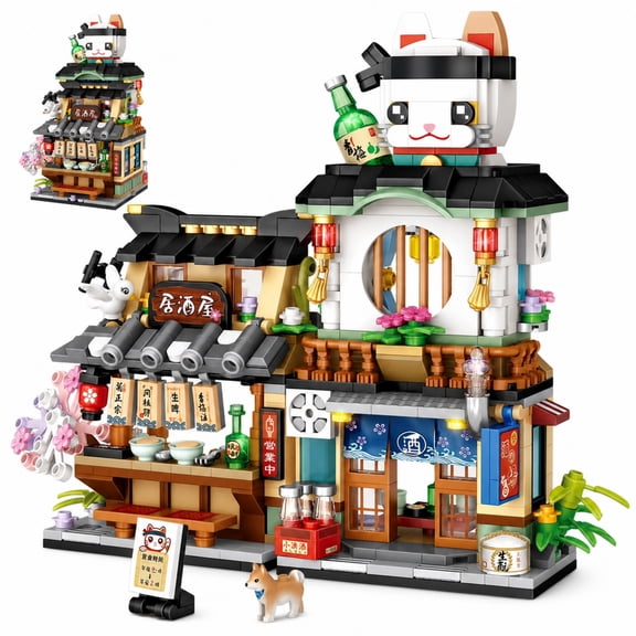 Japanese Street View Izakaya Shop Mini Building Blocks Model Set, MOC Creative Japanese Toys, 809 Pcs Simulation Architecture Plastic Building Block Kit for Home Office Decor