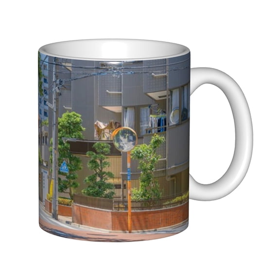 Japanese Street View White Ceramic Coffee Mug 11oz, Japan Urban Landscape Mug with Convex Mirror Design, Tea Cup Gift for Friends
