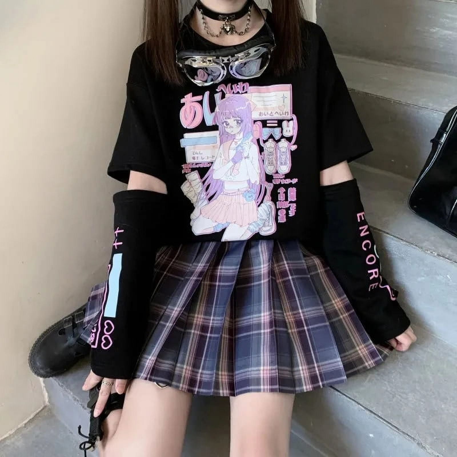 Japanese Streetwear Anime with Arm Cover Graphic Top Harajuku Kawaii Summer Tops for Women T-Shirt Clothing-Purple,XXL(68-80kg