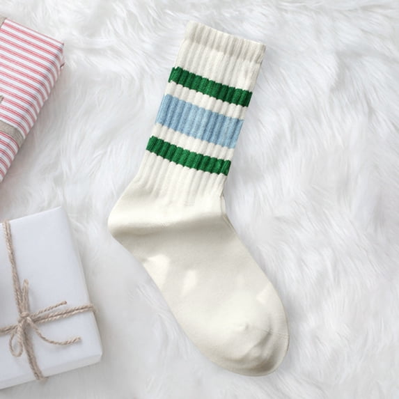 Japanese Striped Thick Lined Long Socks For Couple Sporty Mid Calf Athletic Casual Tube, Green
