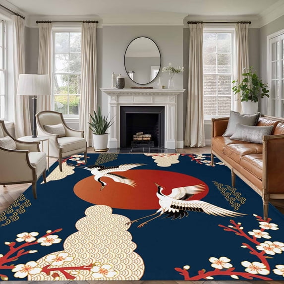 Japanese Style 5'x8' Area Rug for Living Room, Modern Cranes Cherry Flower Wave Navy Blue Washable Non-Slip Rugs for Bedroom Nursery Dining Room, Low-Pile Kitchen Carpet Large Entryway Rugs