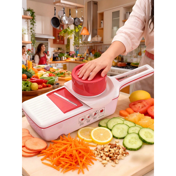 Japanese-Style 6-In-1 Red Mandoline Vegetable Slicer, Equipped with 6 Premium German Steel Blades, Extended Anti-Jam Panel, Extra Safety Guard & Storage Box. Multifunctional Kitchen Food Cutter, Perf