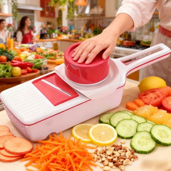 Japanese-Style 6-in-1 Red Mandoline Vegetable Slicer w/ Extra Guard & Storage Box Reuse Small Food Pieces Without Cutting Your Fingers 6 Premium German Steel Blades Perfect Mothers' Gifts
