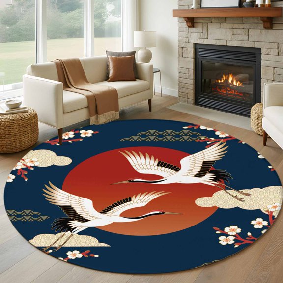 Japanese Style 6ft Round Rugs, Modern Cranes Cherry Flower Wave Navy Blue Washable Non-Slip Area Rugs for Living Room Bedroom Kitchen, Low Pile Dining Room Kicthen Circle Carpet, Indoor Floor Rug
