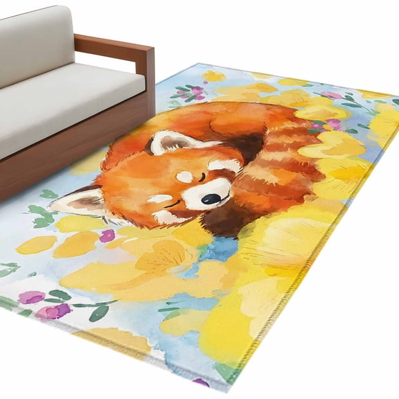 Japanese Style Area Rug 4x6 Washable Rug Non Slip Fox Animal Wildfowers Yellow Floral Large Area Rug Indoor Floor Carpet for Entryway Bedroom Kitchen Living Room Home Office Dining Room Nursery