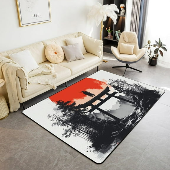 Japanese Style Area Rug Red Sun Floor Mats Rugs For Boy Girls Room Decor, Black Bamboo Trees Print Decorative Rug For Living Room, Absorbent Carpets 1x2ft