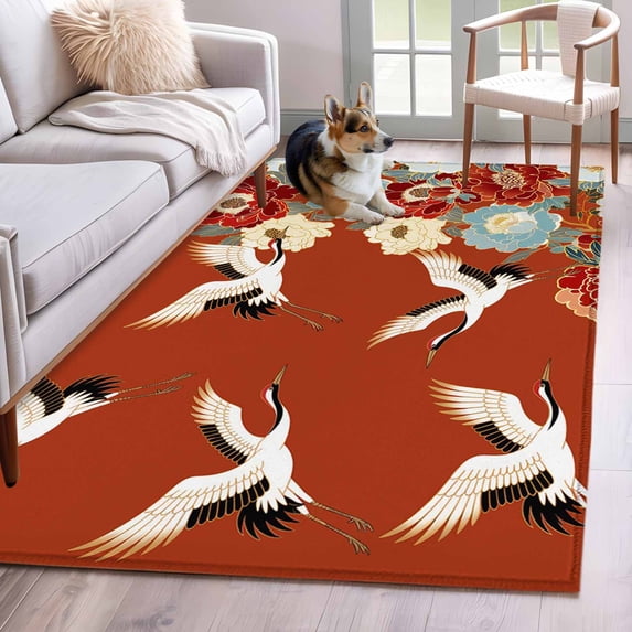 Japanese Style Area Rugs 4'x6', Washable Small Throw Rugs for Office Bathroom, Red Farmhouse Botanical Peony Birds Indoor Outdoor Rug Non-Slip Low Pile Carpet Runner Reversible Floor Mats