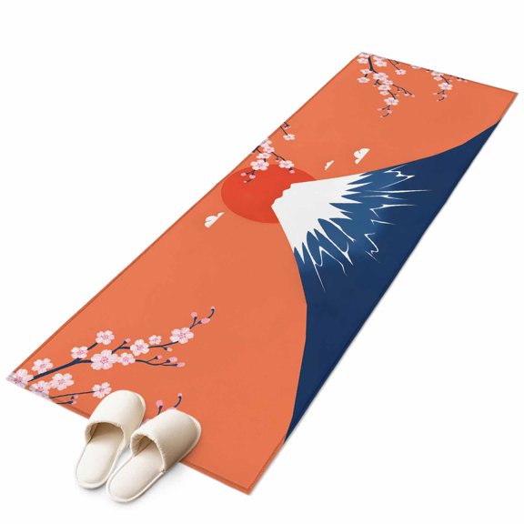 Japanese Style Area Rugs Collection 2'x6', Blue Mountains Orange Red Sun Cherry Floral Non Slip Indoor Rectangle Throw Runner Rug Floor Mat Carpet for Living Room Dining Table Bedroom Nursery