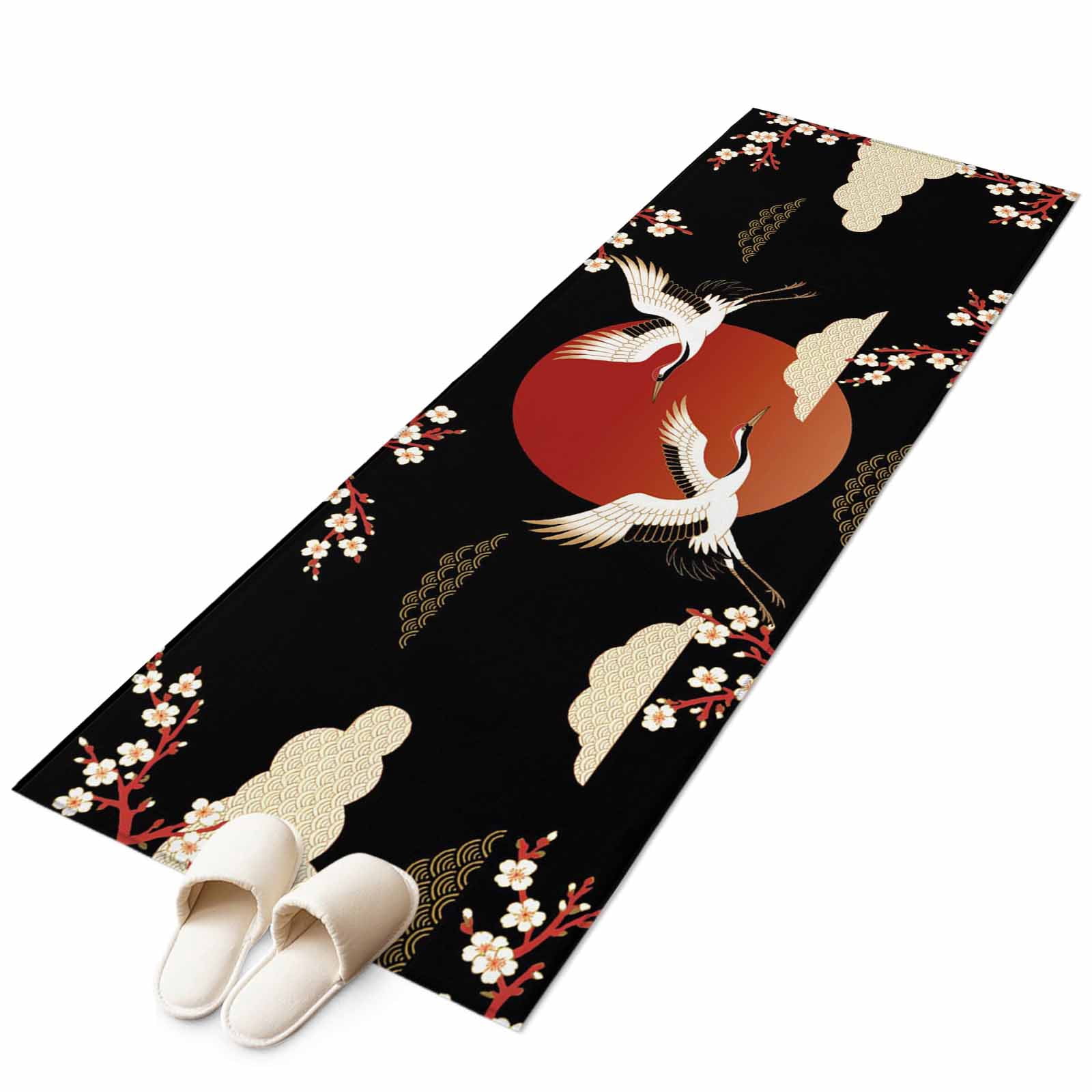 Japanese Style Area Rugs Collection 2'x6', Modern Cranes Cherry Flower Wave Red Brown Non Slip Indoor Rectangle Throw Runner Rug Floor Mat Carpet for Living Room Dining Table Bedroom Nursery