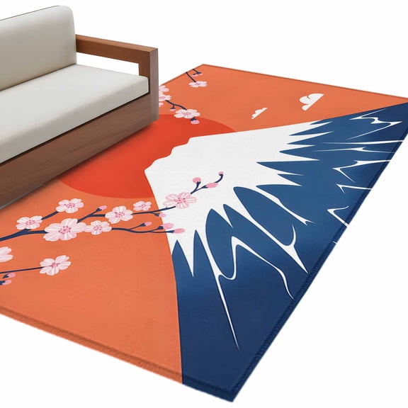 Japanese Style Area Rugs Collection 4'x6', Blue Mountains Orange Red Sun Cherry Floral Non Slip Indoor Rectangle Throw Runner Rug Floor Mat Carpet for Living Room Dining Table Bedroom Nursery