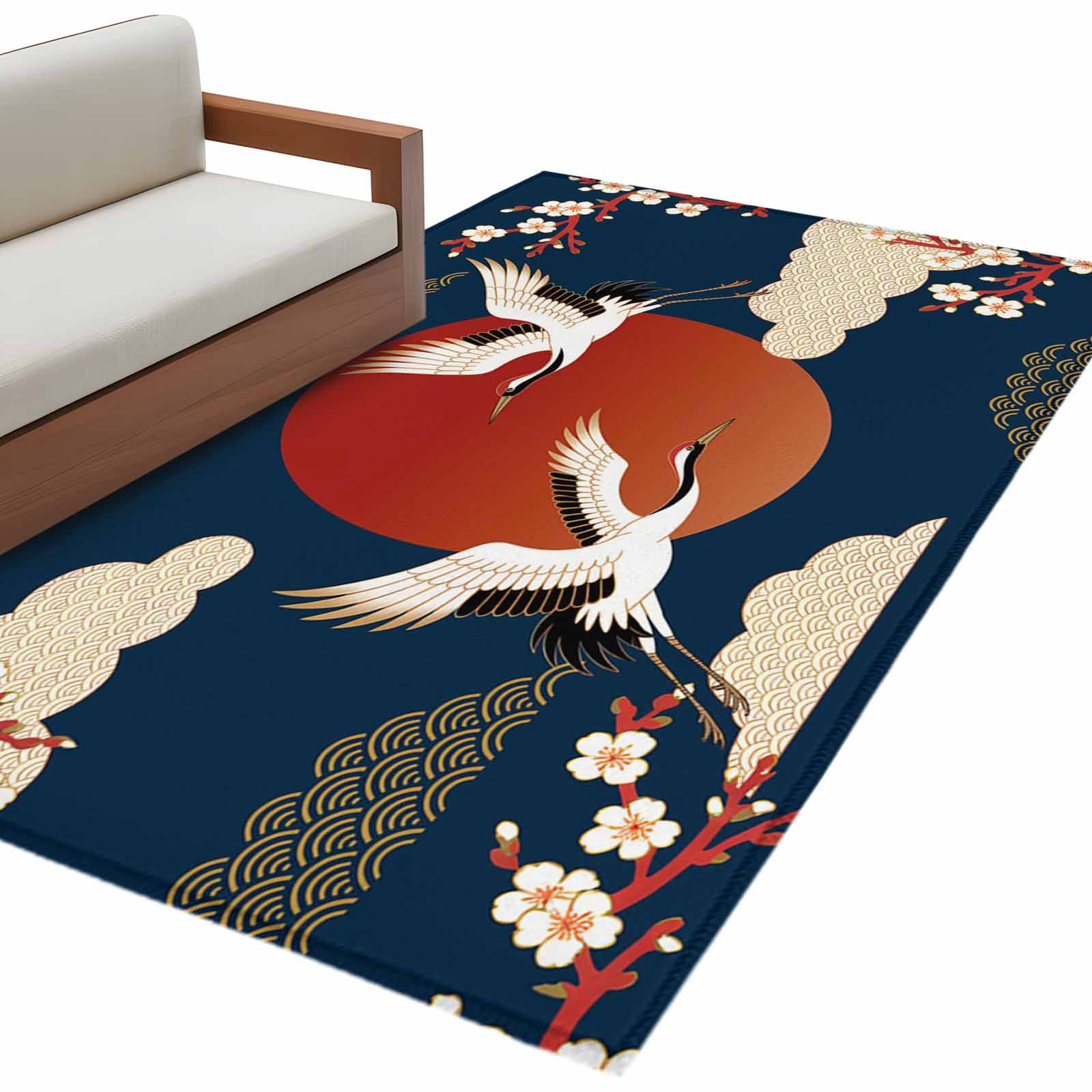 Japanese Style Area Rugs Collection 4'x6', Modern Cranes Cherry Flower Wave Navy Blue Non Slip Indoor Rectangle Throw Runner Rug Floor Mat Carpet for Living Room Dining Table Bedroom Nursery