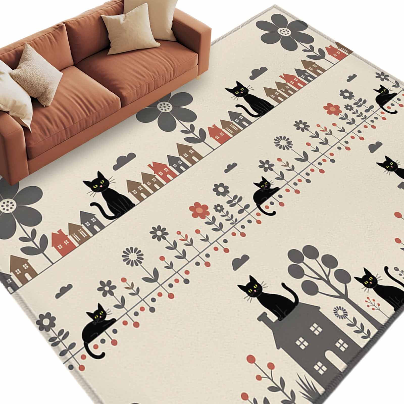 Japanese Style Area Rugs Collection 6'x9', Vintage Cartoon Cat House ...
