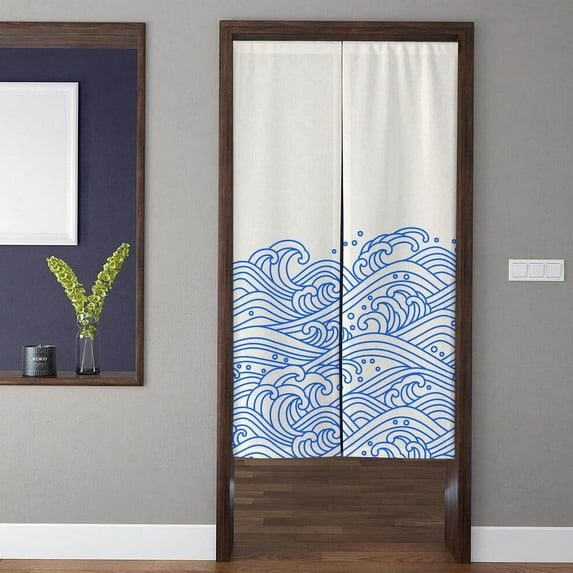 Japanese Style Art Noren Door Curtain Minimalist Abstract the Waves Pattern Doorway Curtain for Kitchen Partition Bedroom Door Privacy Decor