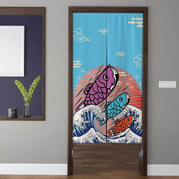 Japanese Style Art Noren Door Curtains, Modern Minimalistic Kanagawa Wave Carp Doorway Curtain Window Treatment, For Home Kitchen Door Decor