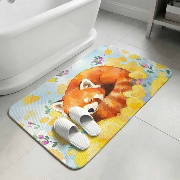 Japanese Style Bathroom Rugs Non Slip Washable Bath Mat Absorbent Low Pile Front Door Mat Fox Animal Wildfowers Yellow Floral Indoor Doormat for Kitchen Entryway Shower Decor Accessories 15.7"x23.6"