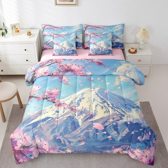 Japanese Style Bedding Set Queen,Pink Cherry Blossoms Comforter Set,Mount Fuji(Comforter+Fitted+Flat Sheet+2 Pillowcases+2 Throw Pillow Covers) 7 Pieces Japanese Anime Scenery Bed Set