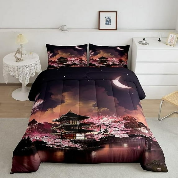 Japanese Style Bedding Set Queen Size Moon Cherry Blossom Comforter Set Romantic Night Sky Scenery Quilt Set Teens Women Room Decor Exotic Pink Duvet Insert