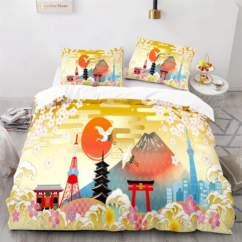 JapaneseStyle Bedding Set Ukiyoe Theme Comforter Cover Pink Cherry