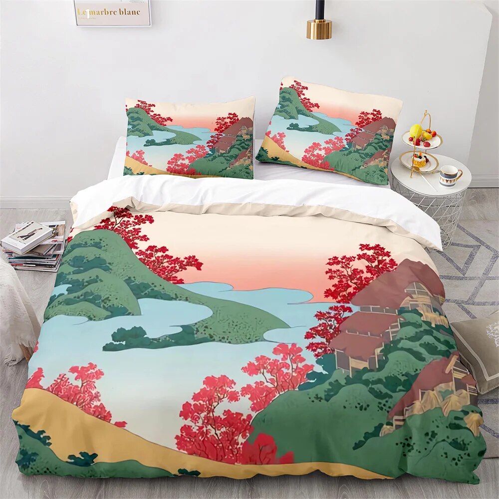 JapaneseStyle Bedding Set Ukiyoe Theme Comforter Cover Pink Cherry