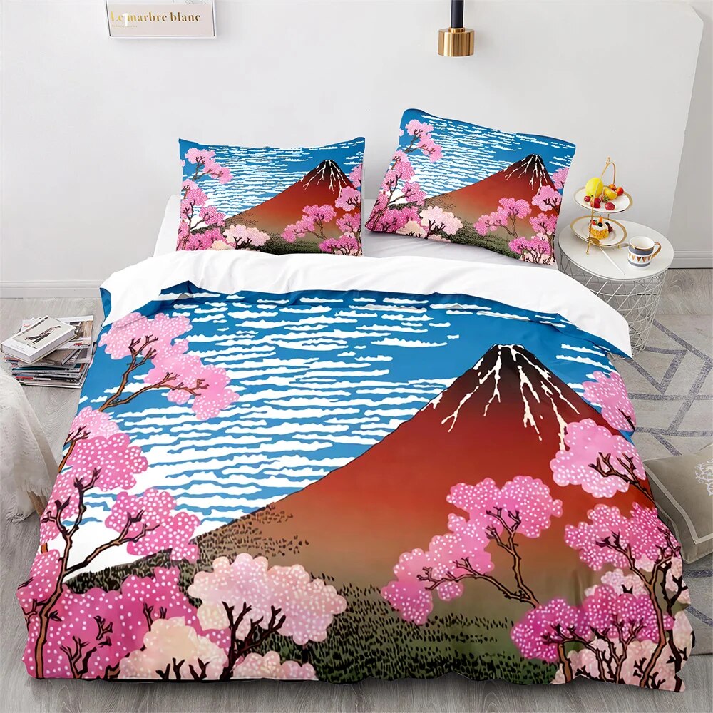 JapaneseStyle Bedding Set Ukiyoe Theme Comforter Cover Pink Cherry